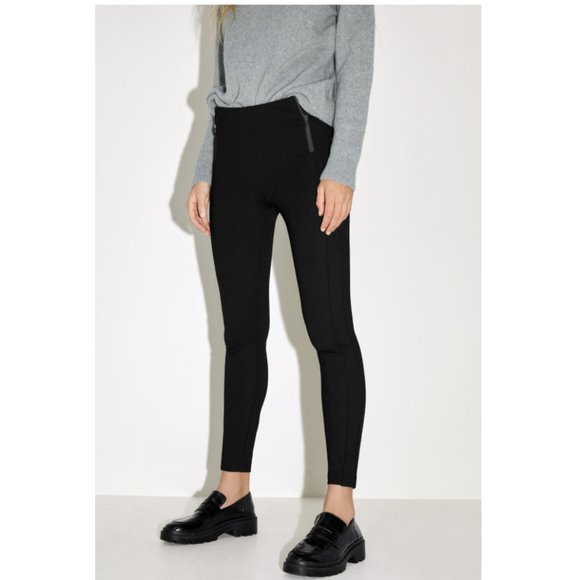 ZARA STRETCH BLACK ZIPPERED MID-RISE LEGGING PANT TROUSERS - Picture 4 of 9